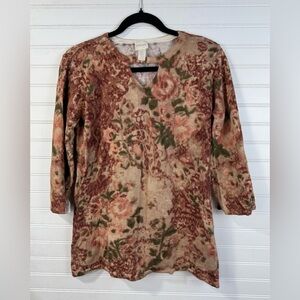 Chico’s women’s fall colored floral keyhole neck 3/4 sleeves sweater. Size 2 (M)